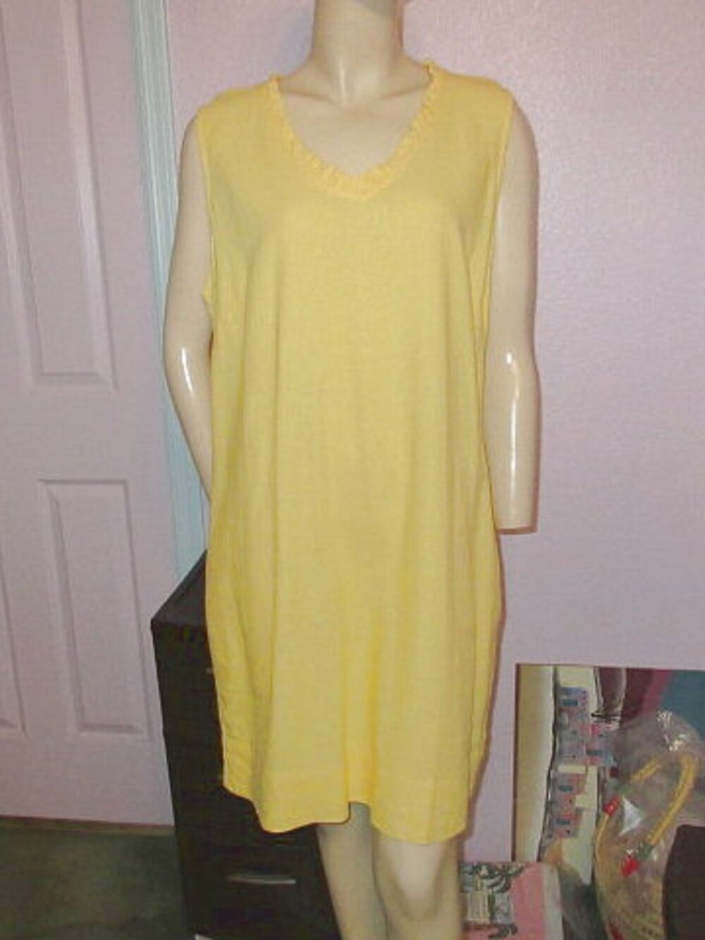 Womens Linen Blend Dress Size XL Pockets Sleeveless Scalloped Coastal Resort EUC